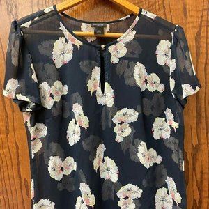 Ann Taylor navy floral chiffon keyhole neck short sleeve blouse top
